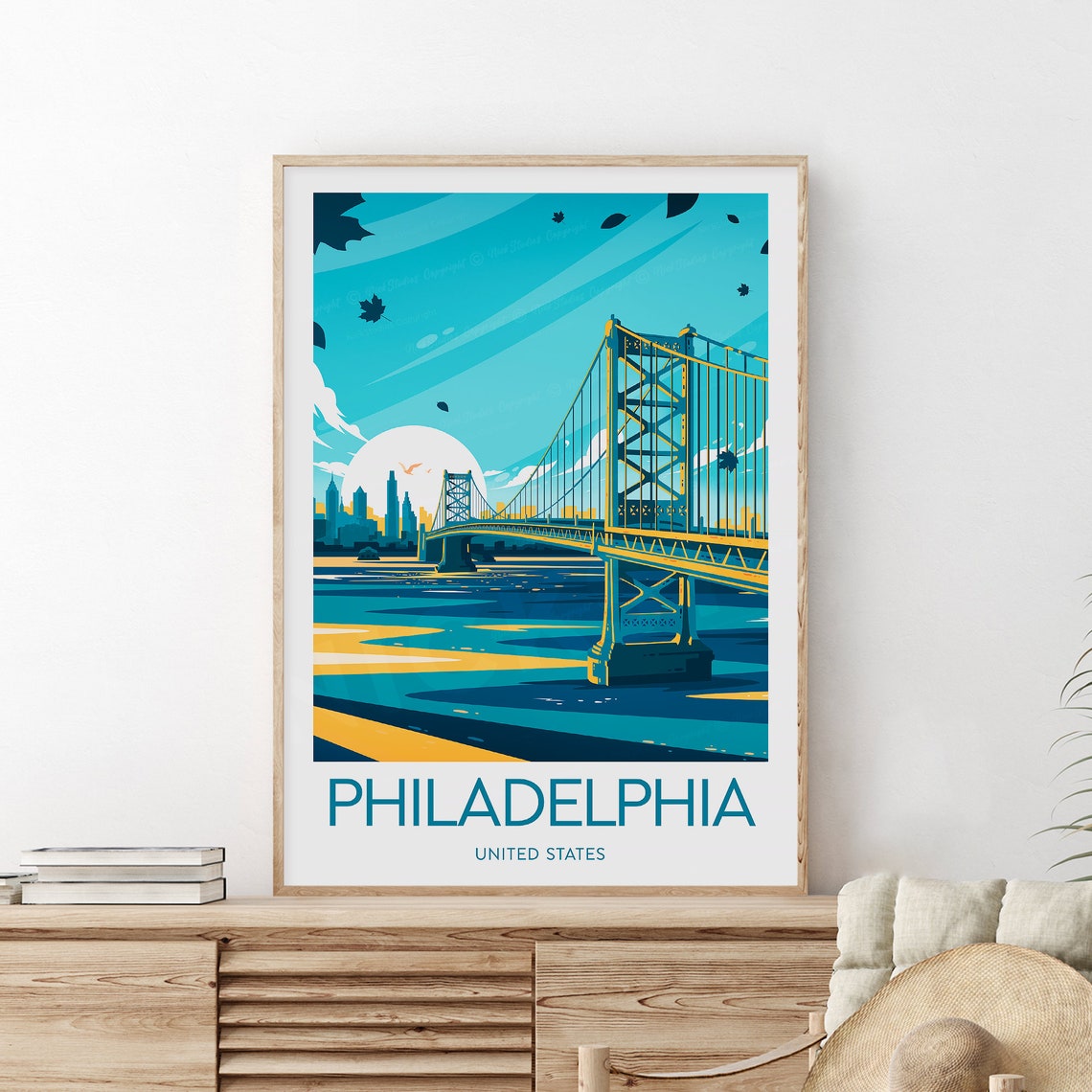 Philadelphia Benjamin Franklin Bridge River Skyline Travel Poster