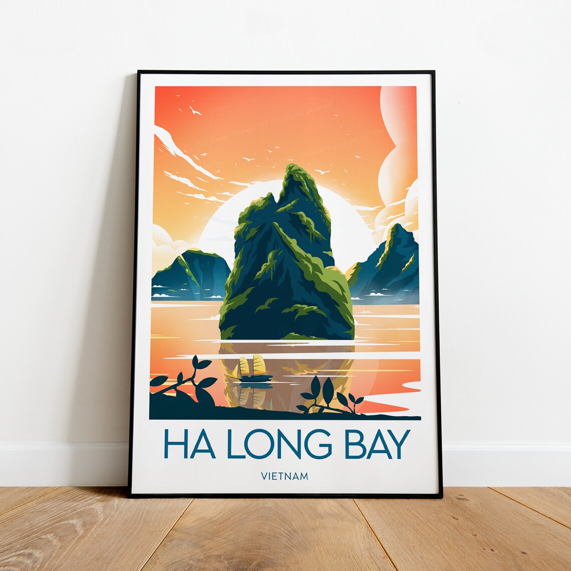 Ha Long Bay Vietnam Limestone Karsts at Sunset Sail Boat Poster