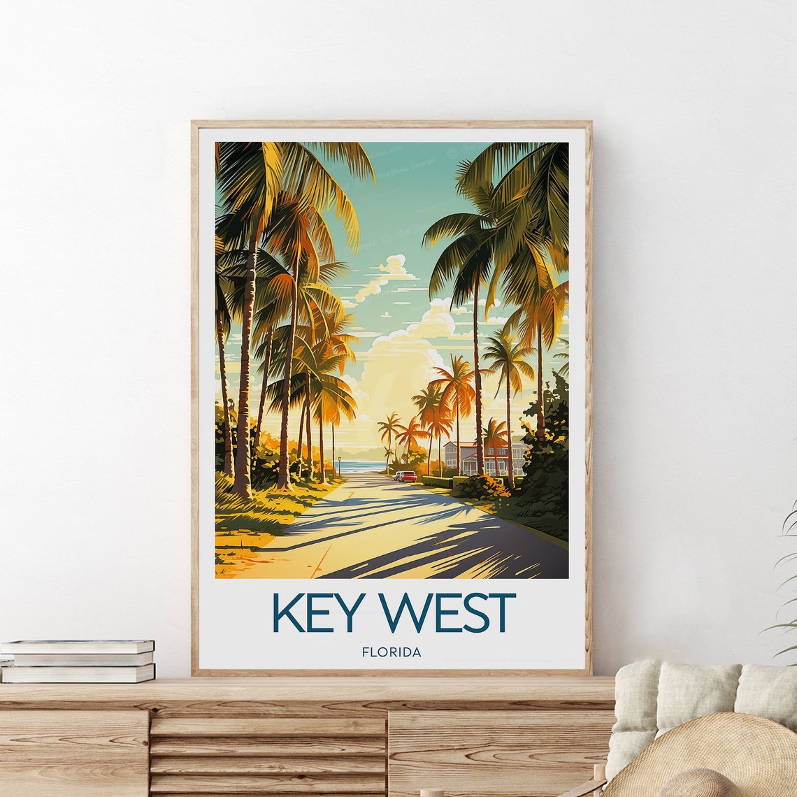 Key West Florida Palm Tree Road Toward The Ocean Travel Poster