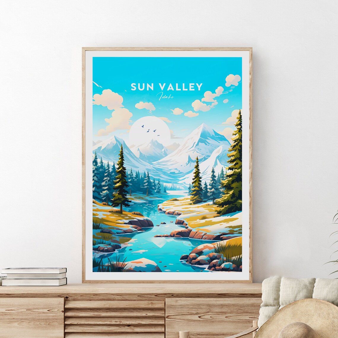 Sun Valley Idaho Alpine Stream Snowy Peaks Landscape Travel Poster
