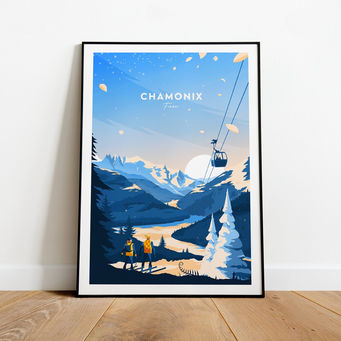 Chamonix French Alps Winter Ski Resort with Gondola at Dusk Poster - Image 2