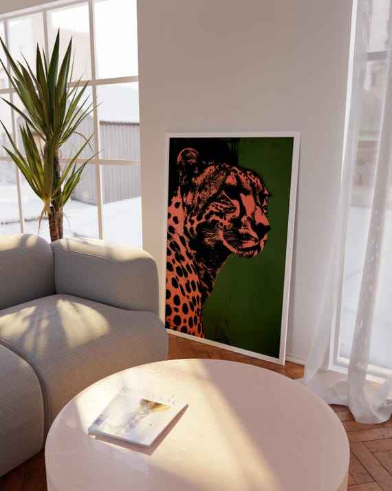 Modern Cheetah Pop Art Poster Pink Green Jungle Wall Bold Safari Animal Print Contemporary Wildlife Decor
