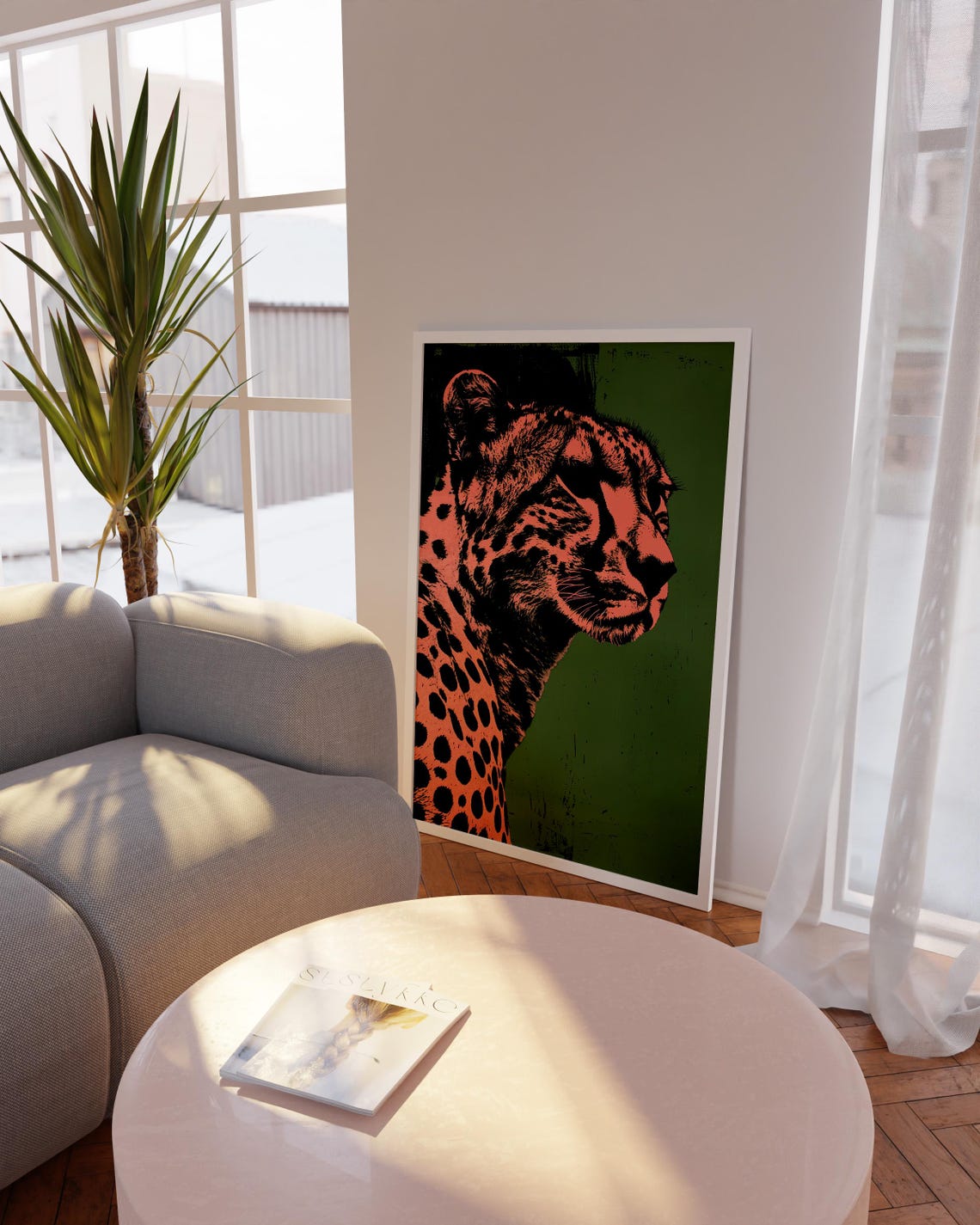 Bold Cheetah Pop Art Profile Portrait In Coral On Green Poster