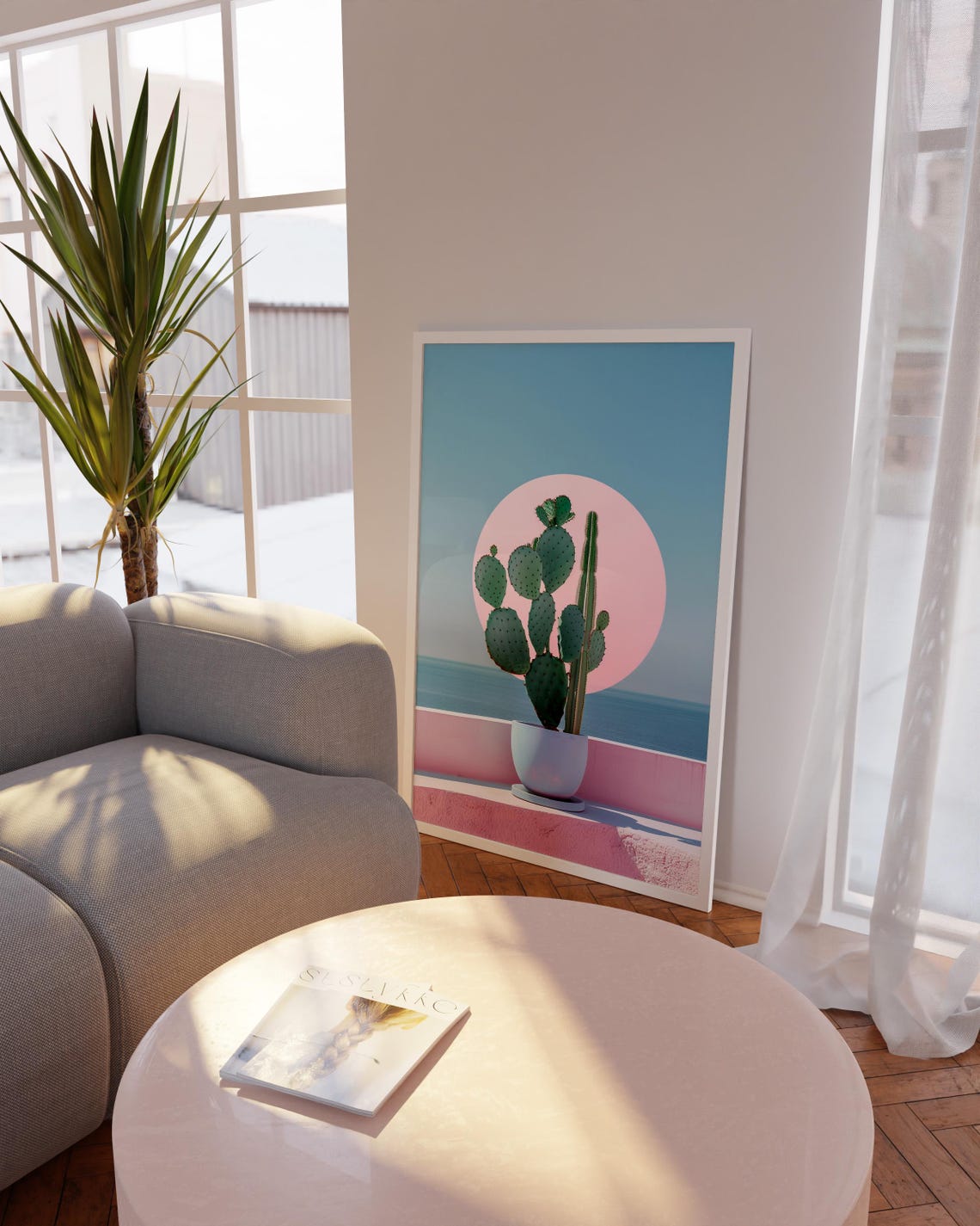 Minimalist Potted Cactus Sunset Pink Sun Modern Boho Art Print