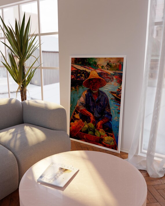 Asian Floating Market Art Old Man With Fruits Painting Colorful River Scene Print Tropical Boat Wall Decor Southeast Asia Artwork