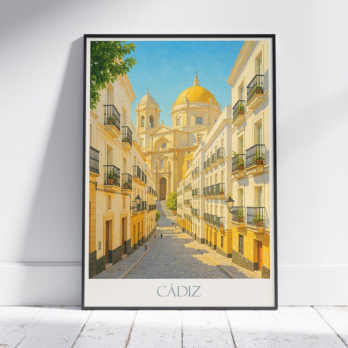 Cadiz Spain Golden Cathedral Dome Sunny Street Travel Poster