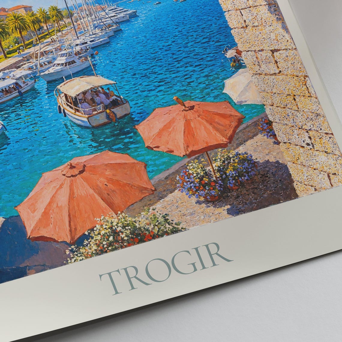 Trogir Croatia Palm Lined Promenade Marina Boats Painted Travel Poster - Image 3