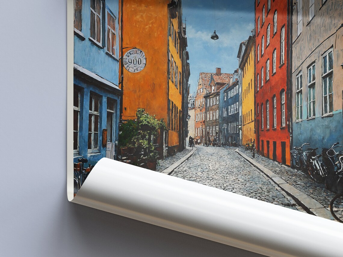 København Denmark Colorful Cobblestone Street Painted Travel Poster - Image 2
