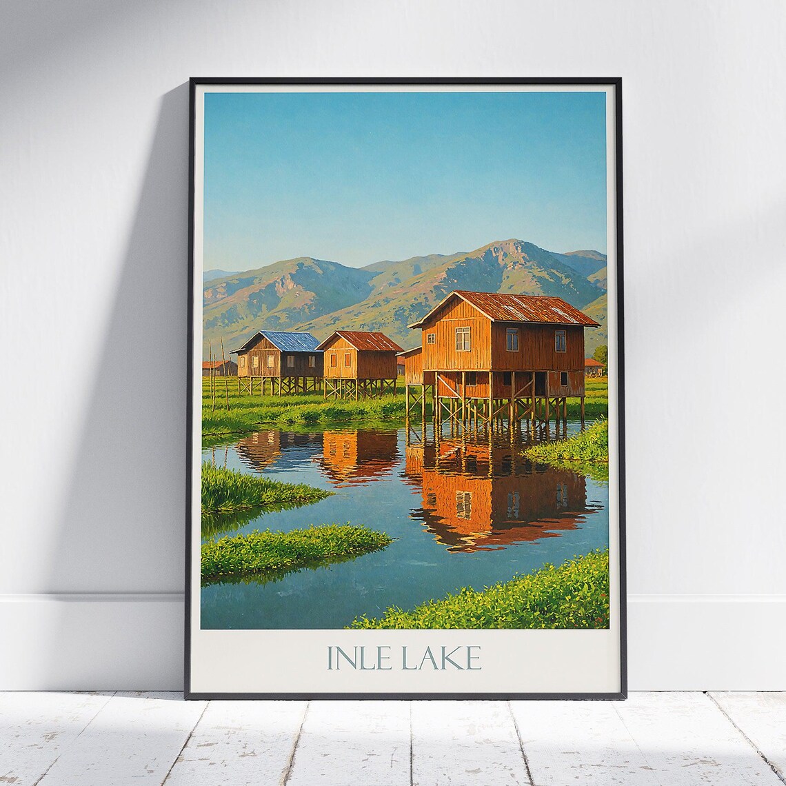 Inle Lake Stilt Houses Travel Poster with Mountain Reflections at Dawn