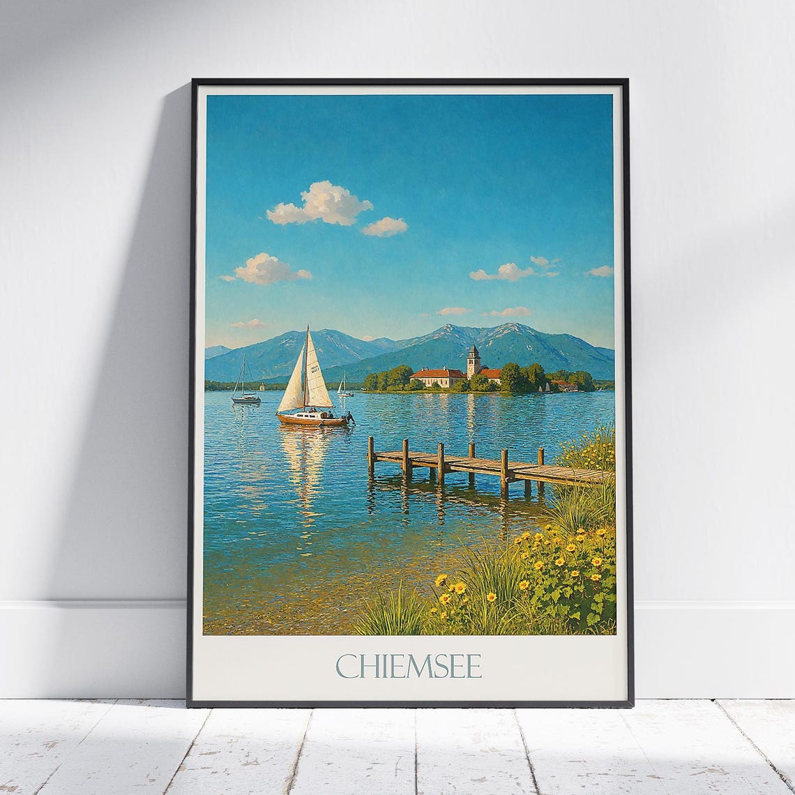 Chiemsee Bavaria Lake Sailboats Wooden Pier Alps Painted Poster