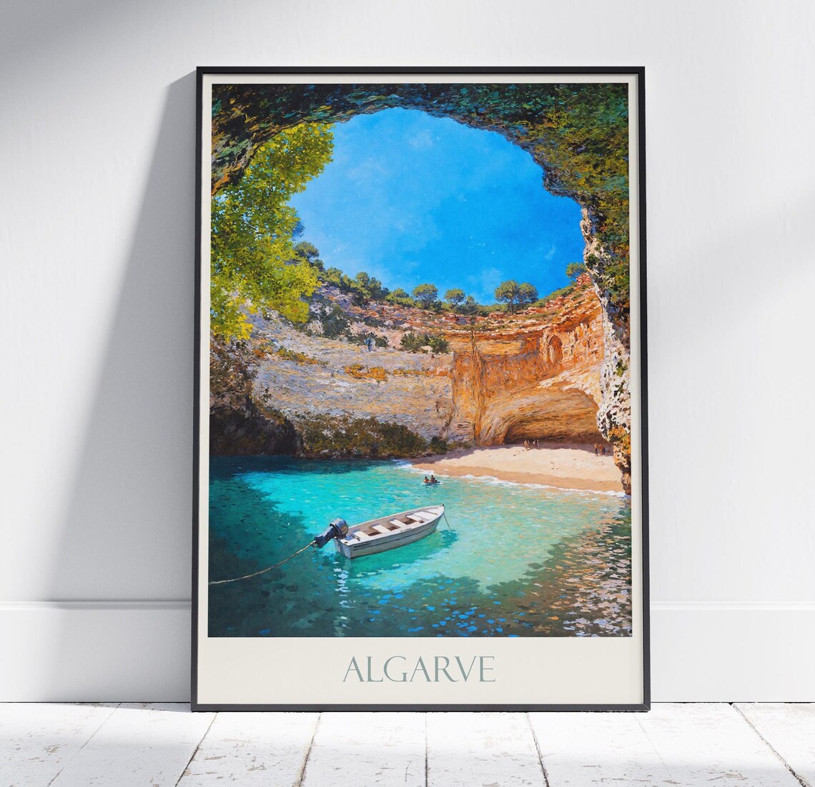 Algarve Sea Cave With Skylight Painted Turquoise Water And Boat Poster