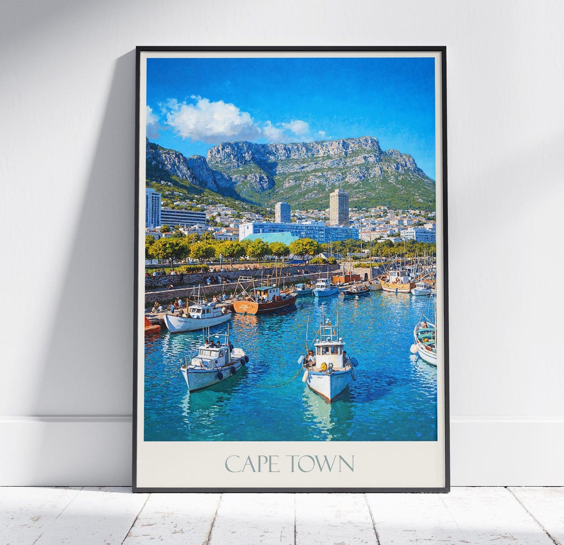 Cape Town Table Mountain Fishing Harbor Painted Travel Poster