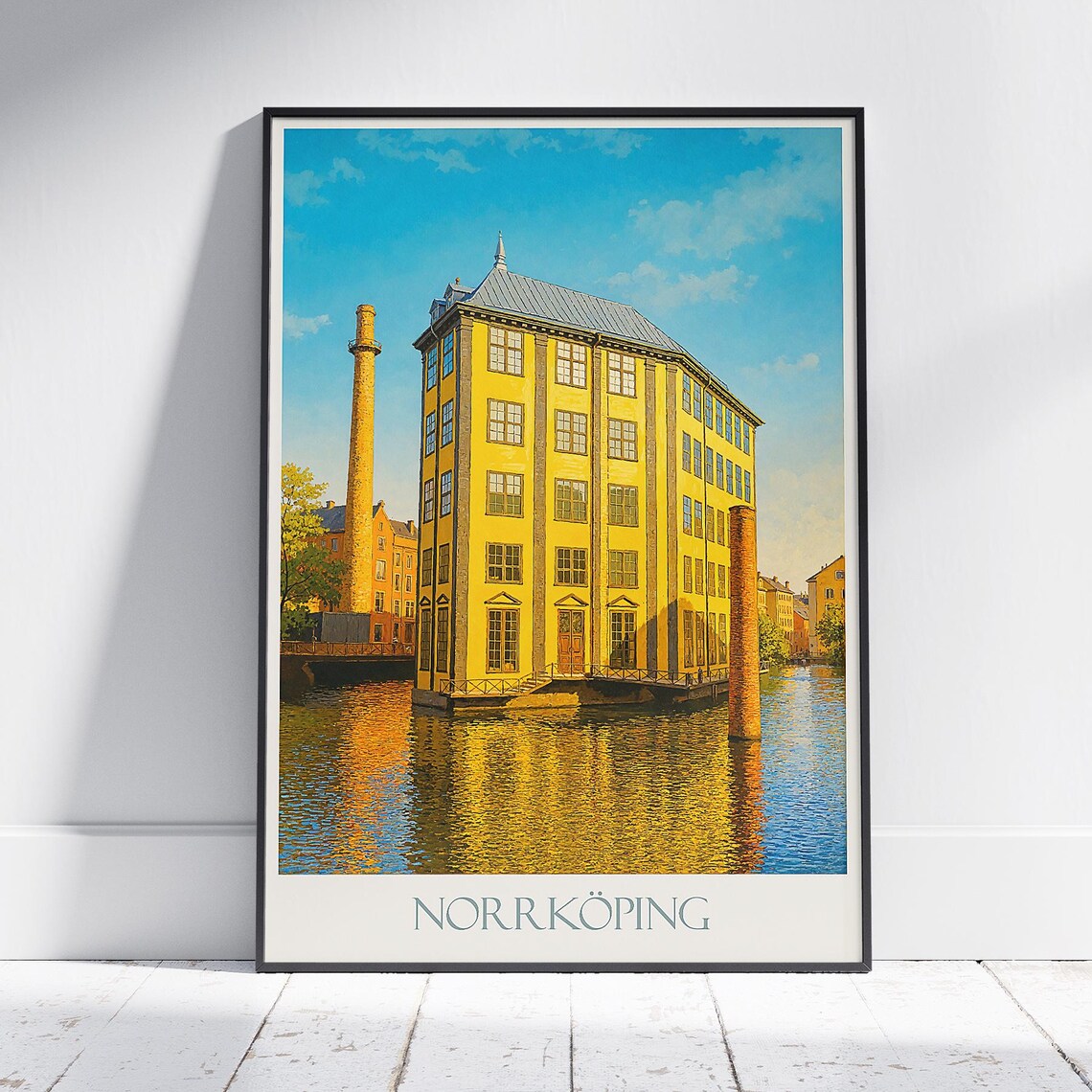 Norrkoping Sweden Golden Industrial Riverside City Travel Poster