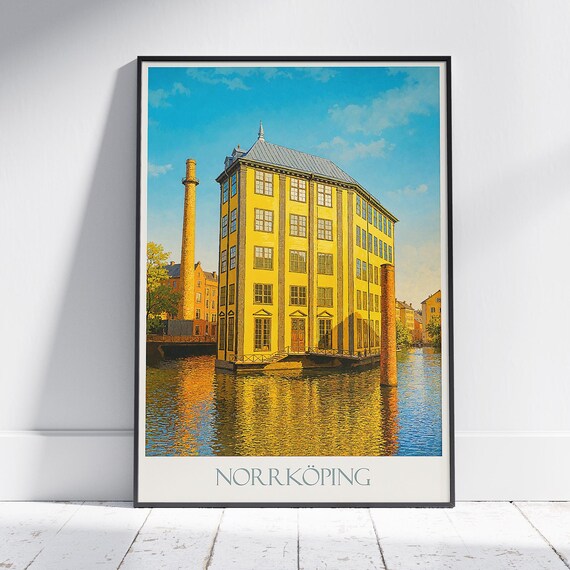 Norrkoping Sweden Golden Industrial Riverside City Travel Poster