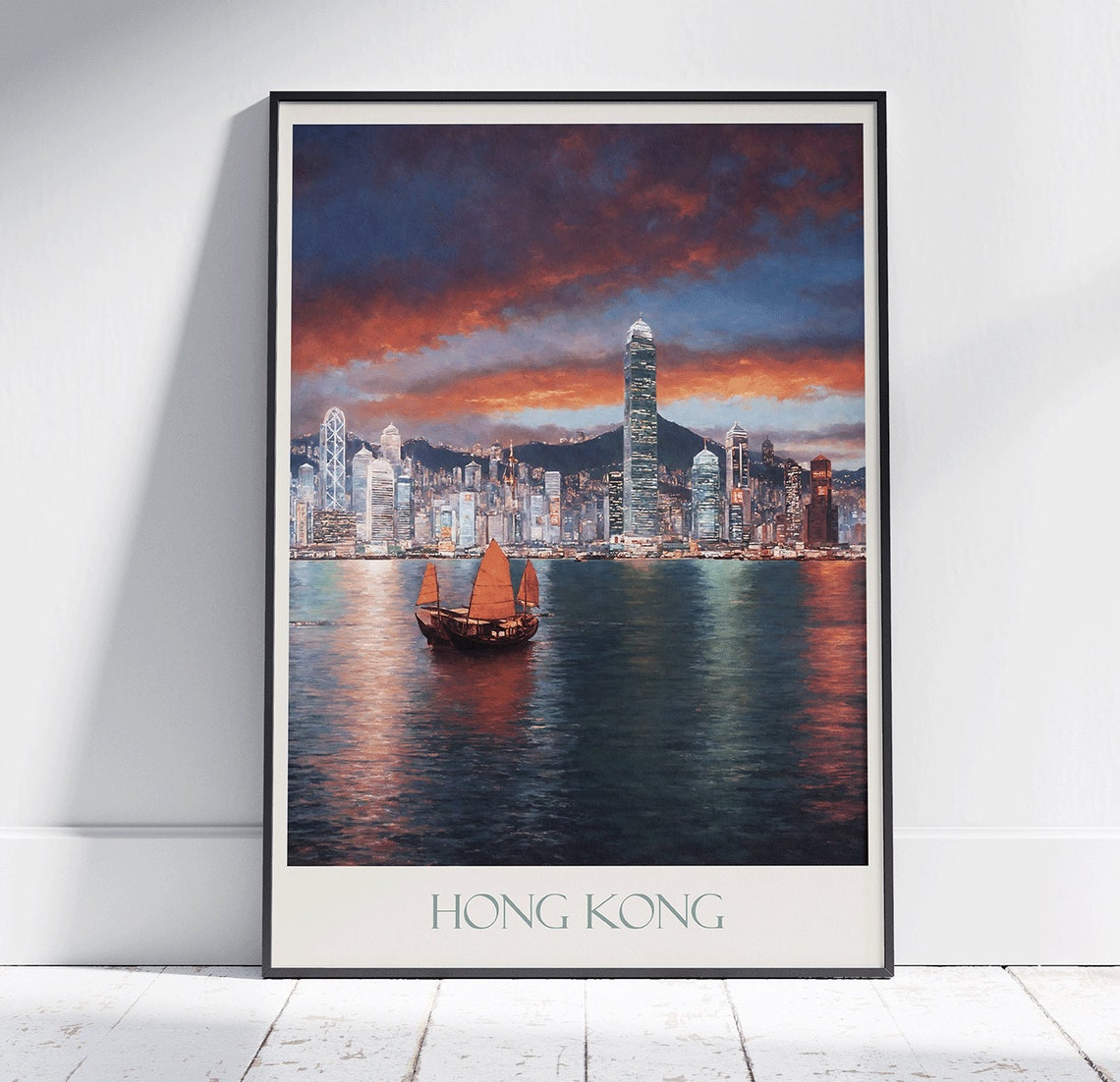 Hong Kong Sunset Harbor Skyline Junk Boat Painted Travel Poster