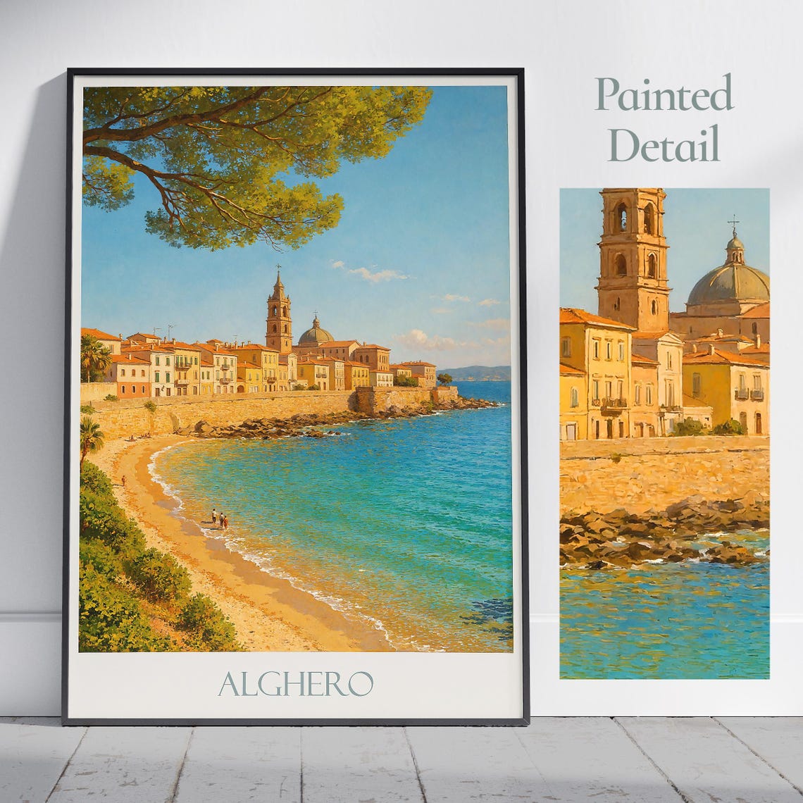 Alghero Sardinia Italy Travel Poster Beach Old Town Sea View Scene