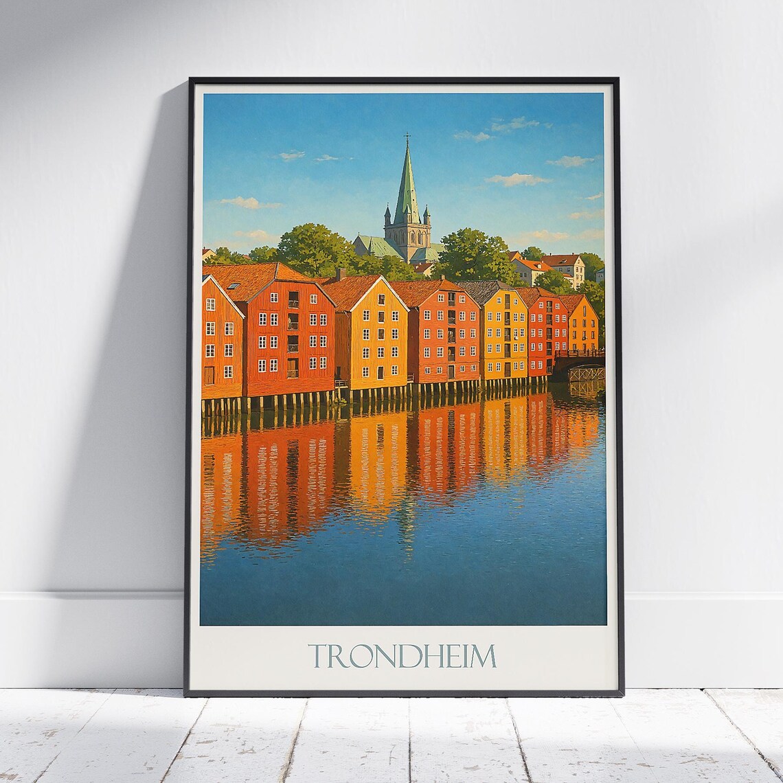 Trondheim Norway Historic Wharf Houses Riverside Painted Travel Poster