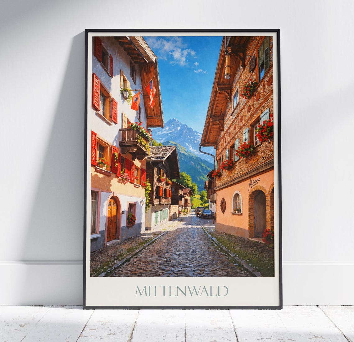 Mittenwald Bavaria Village Street Flower Boxes Mountain View Poster