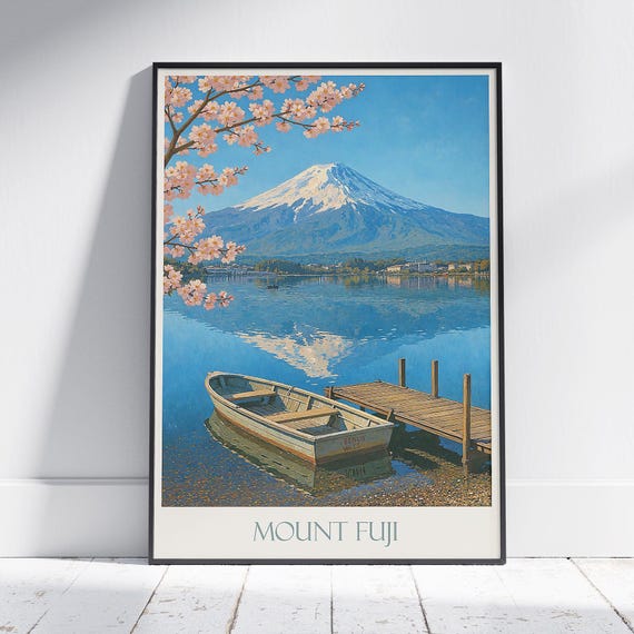 Mount Fuji Travel Poster Vintage Japan Art Print Lake Kawaguchiko Cherry Blossom Wall Iconic Japanese Landscape