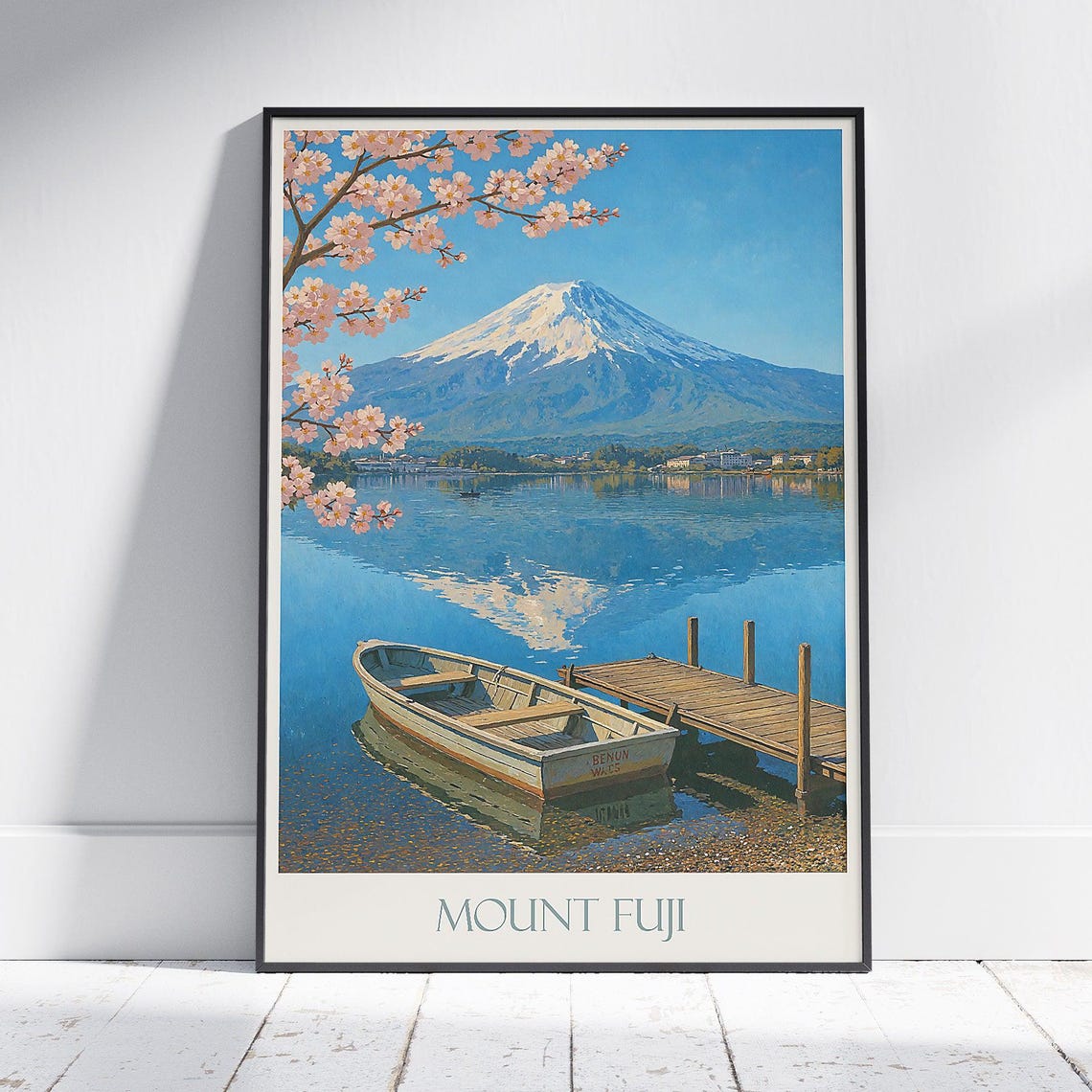 Mount Fuji Japan Cherry Blossom Boat on Calm Lake Painted Poster