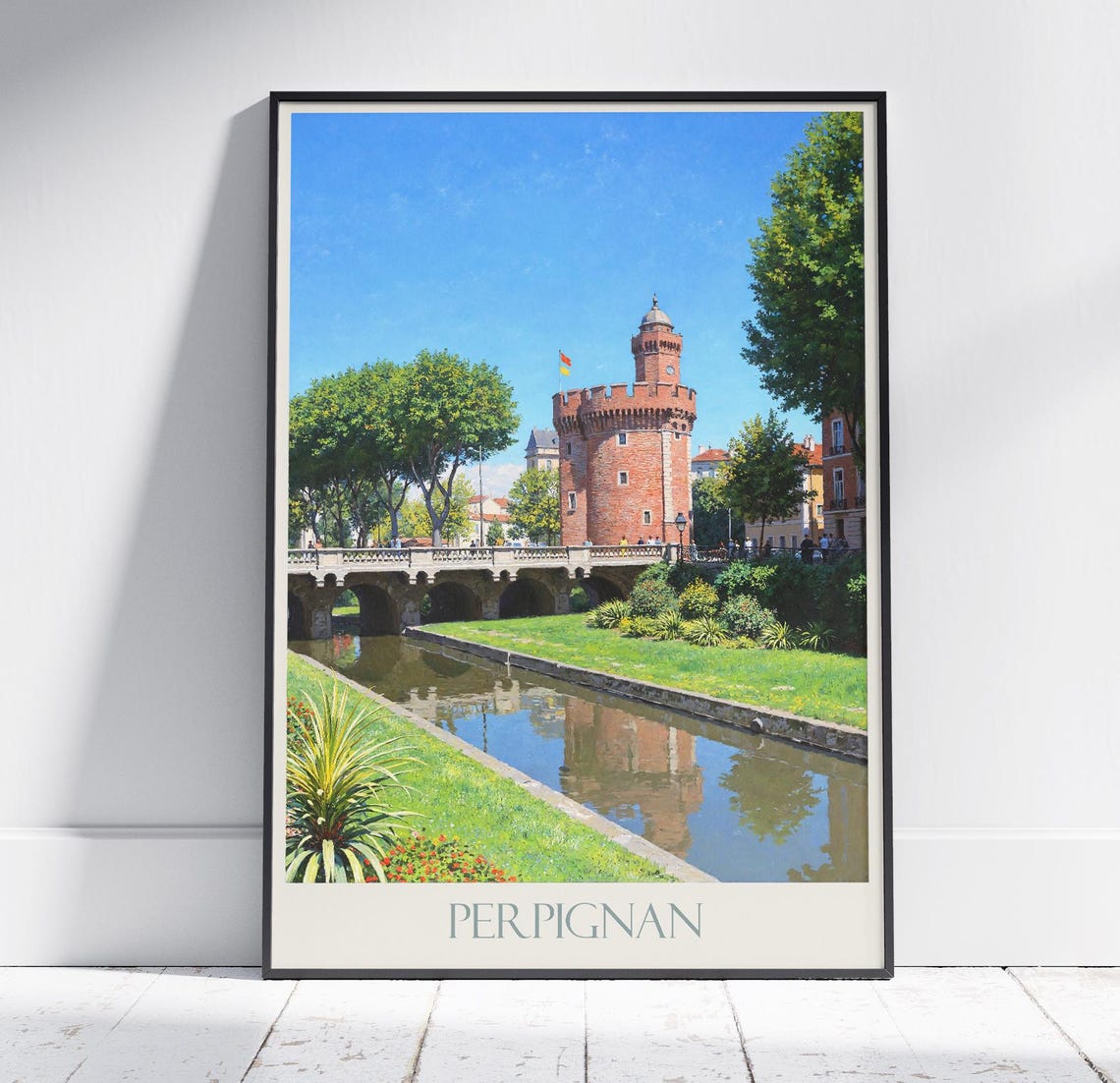 Perpignan France Historic Red Brick Tower Canal Town Art Poster
