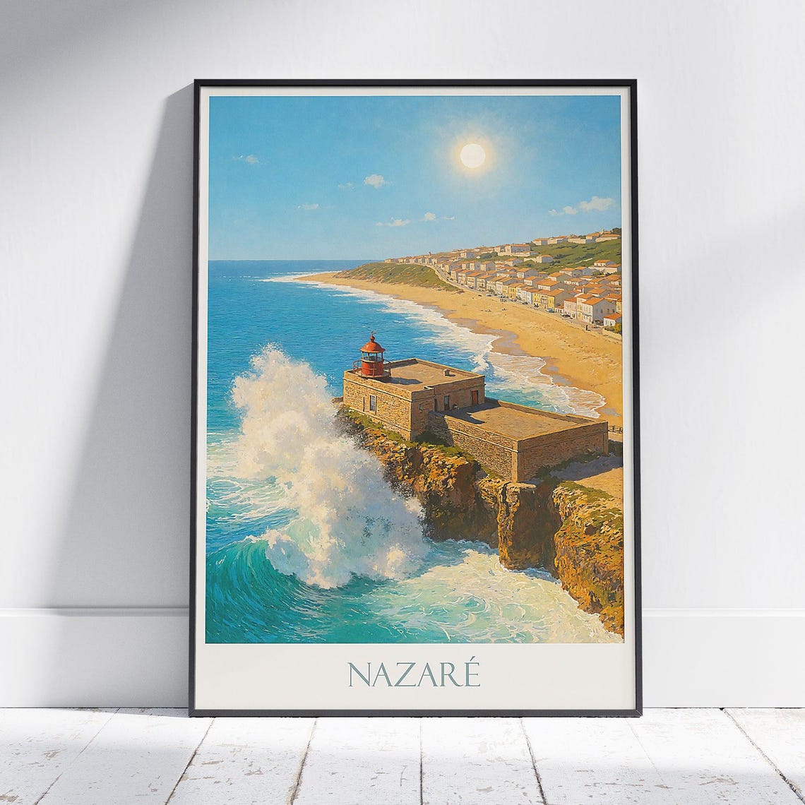 Nazare Lighthouse Crashing Waves Portugal Coastal Travel Poster