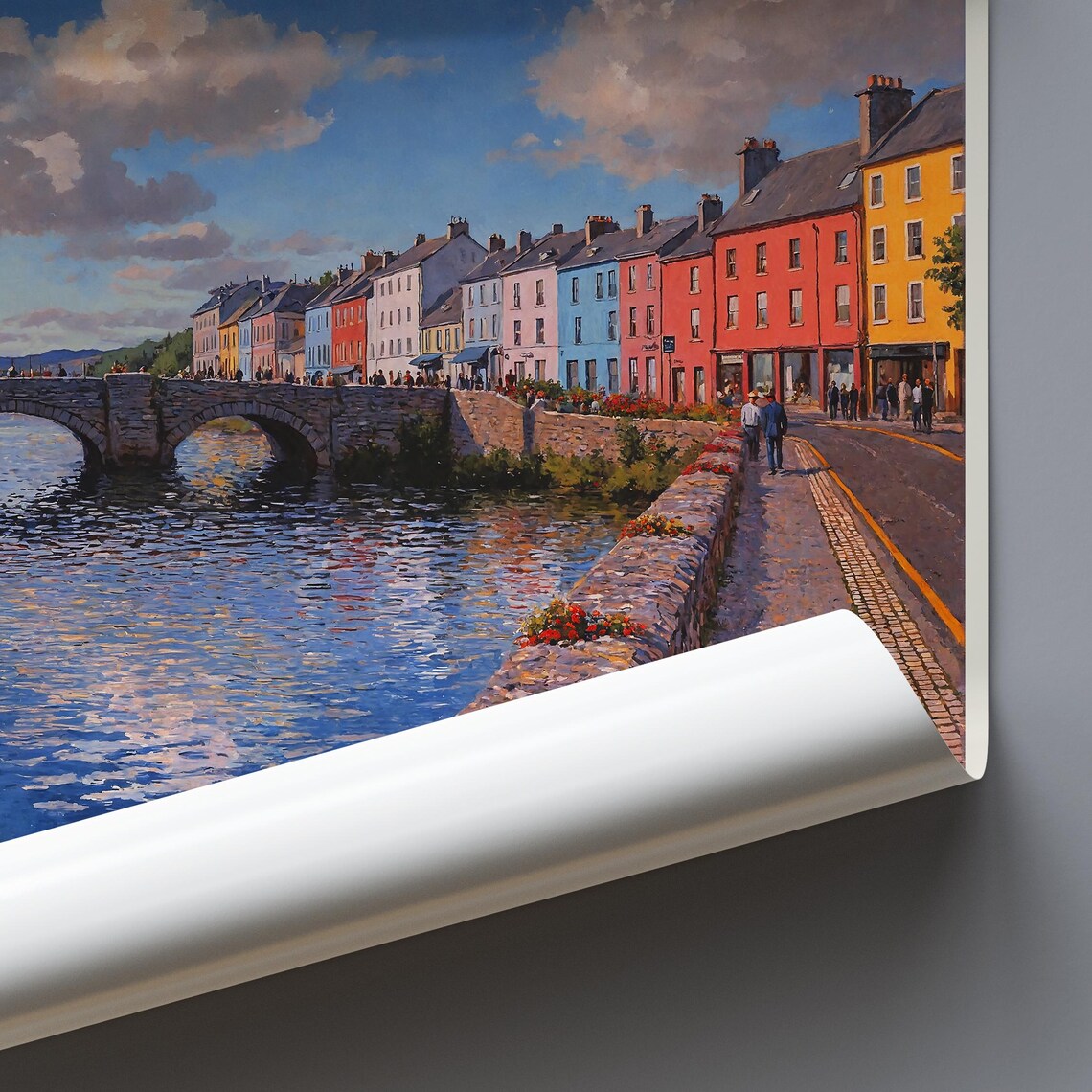 Galway Ireland Colorful Riverside Row Bridge Painted Travel Poster Art - Image 3
