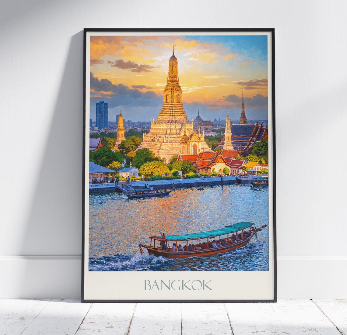 Bangkok Thailand Wat Arun Sunset Longtail Boat Painted Travel Poster
