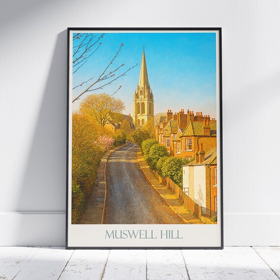 Muswell Hill Autumn Church Spire Leafy Street London Travel Poster