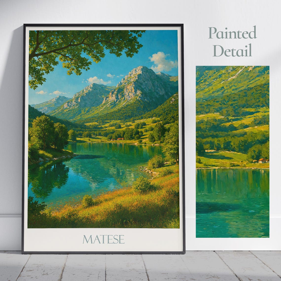 Matese Italy Mountain Lake Green Hills Painted View Travel Poster
