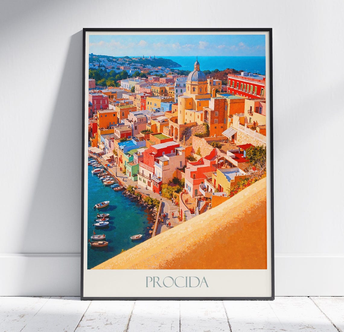 Procida Italy Colorful Harbor Painted Travel Poster Fishing Boats
