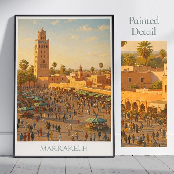 Marrakesh Travel Poster Koutoubia Morocco Wall Art Print Djemaa Elfna Vintage Painting Home Decor Gift Personalized Framed