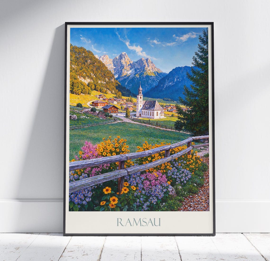 Ramsau Austria Alpine Valley Church Mountain Painted Travel Poster