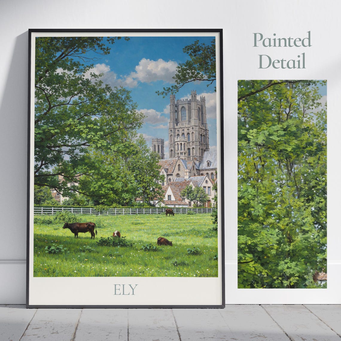 Ely Cathedral Meadow Cows Painterly English Countryside Poster