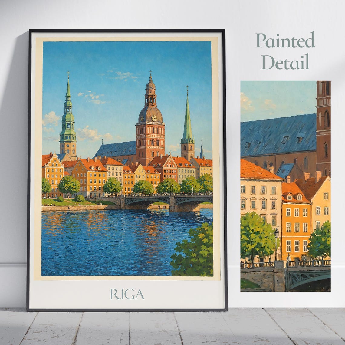 Riga Latvia Old Town Churches River Daugava Painted Travel Poster
