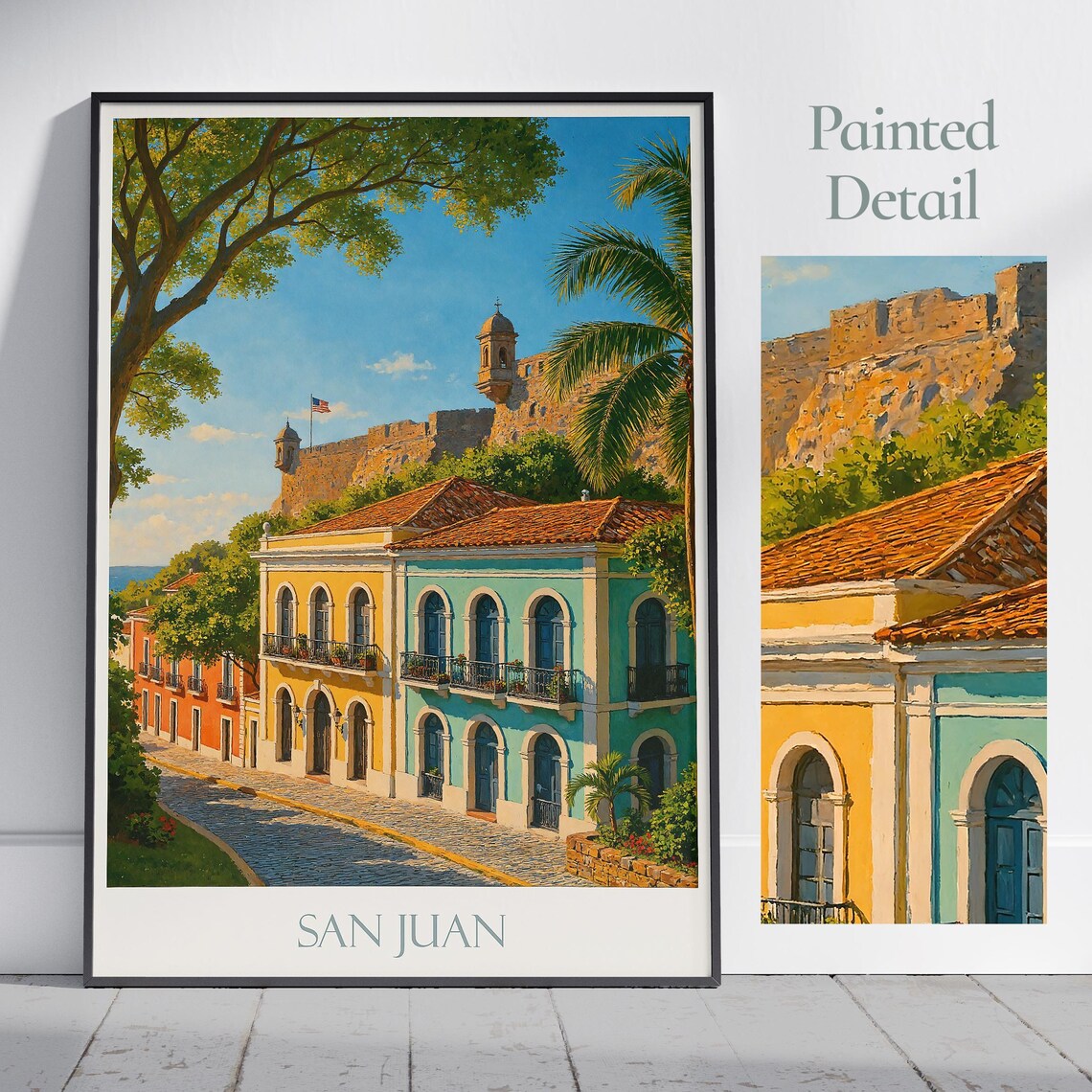 San Juan Travel Poster Old Town Fort Colonial Buildings Painted Art