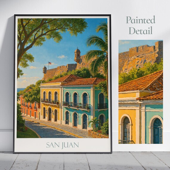 San Juan Travel Poster Old Town Fort Colonial Buildings Painted Art