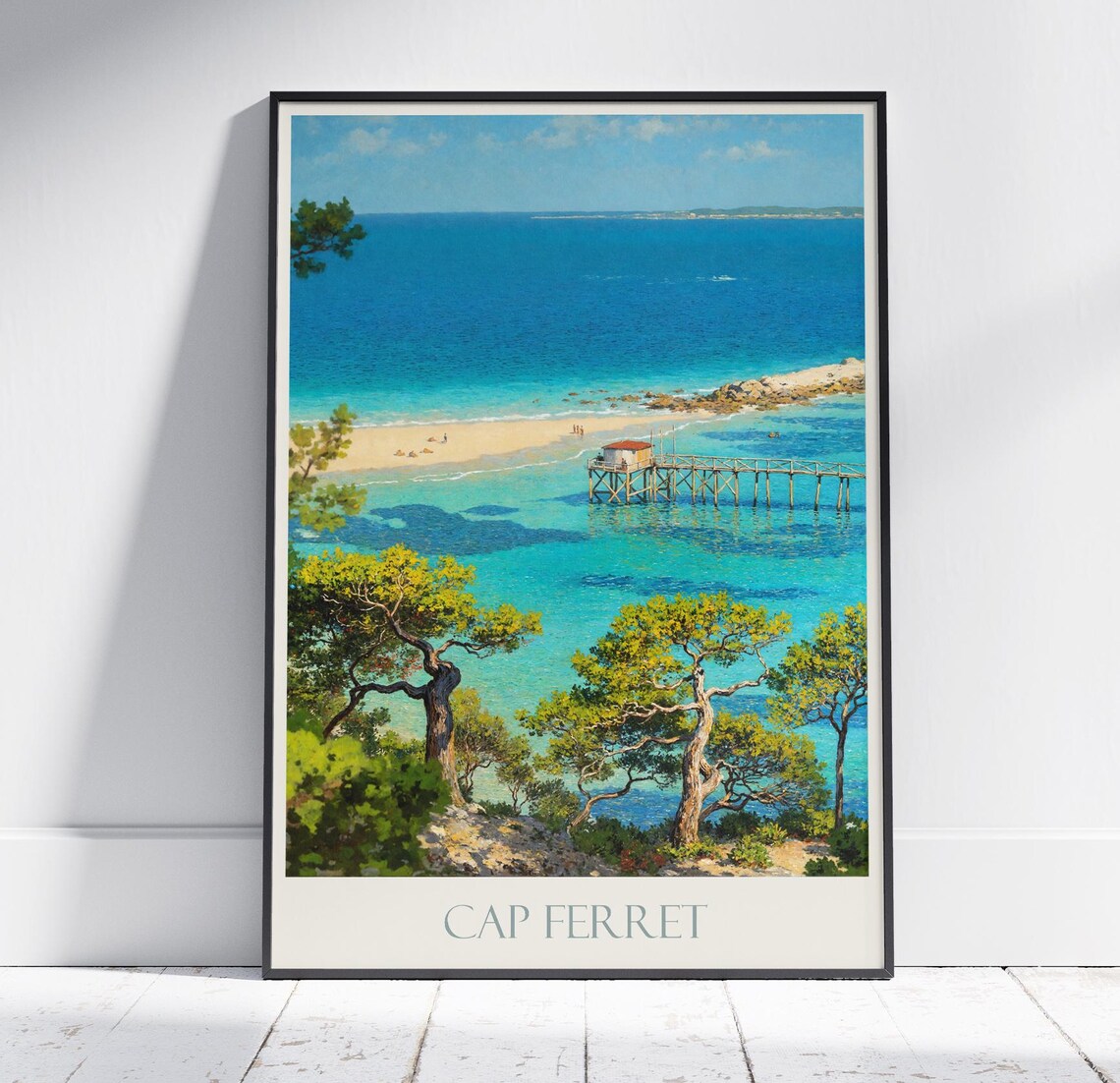 Cap Ferret France Turquoise Coast Vintage Travel Poster Stilt Hut