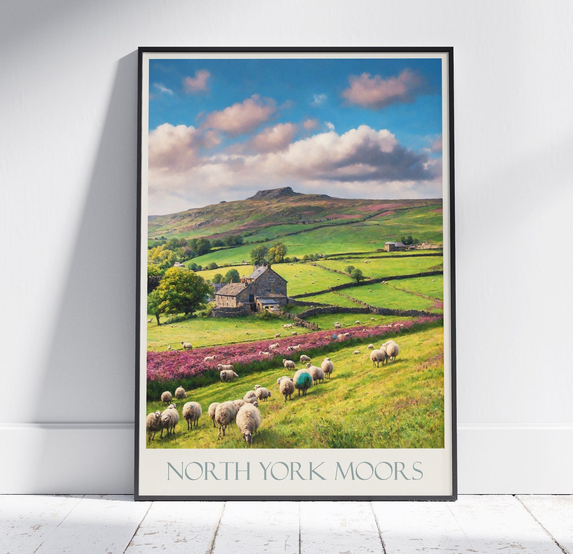 North York Moors Sheep Farm Heather Countryside Painted Travel Poster