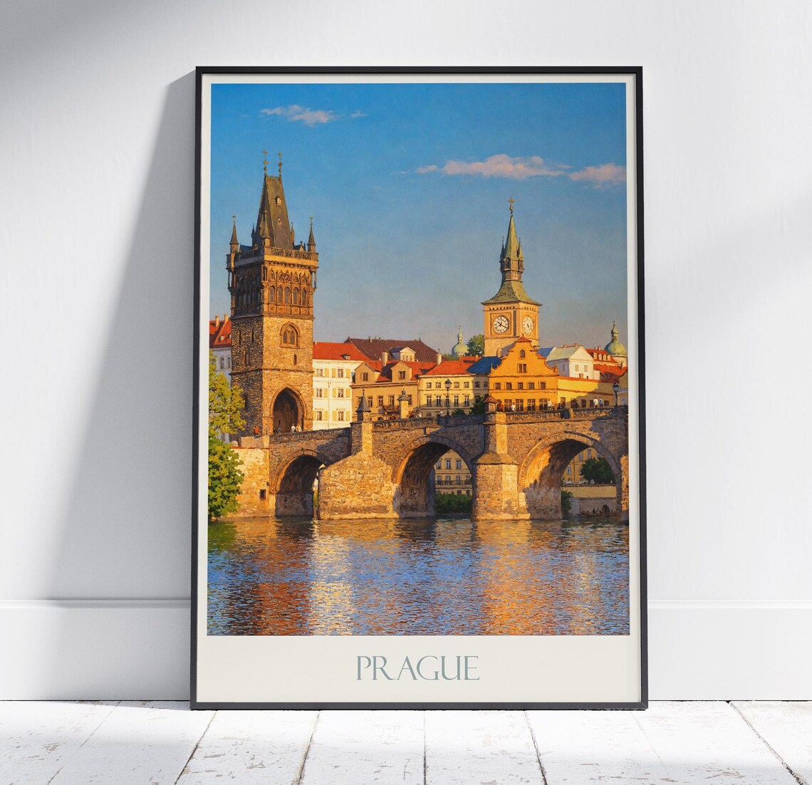 Prague Charles Bridge Towers Golden Light Vintage Travel Poster
