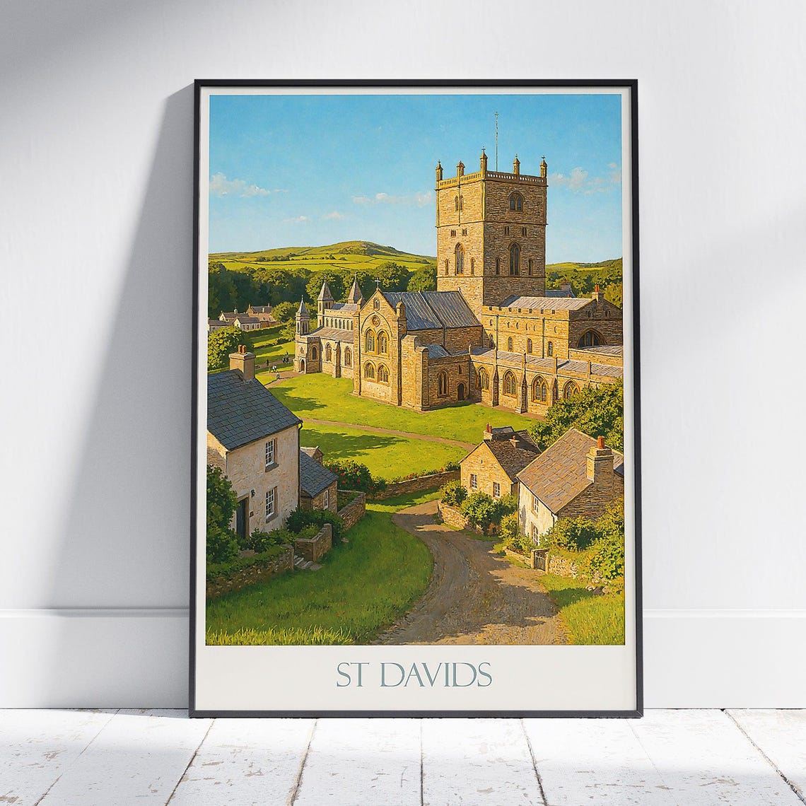 St Davids Wales Cathedral in Green Countryside Travel Art Poster