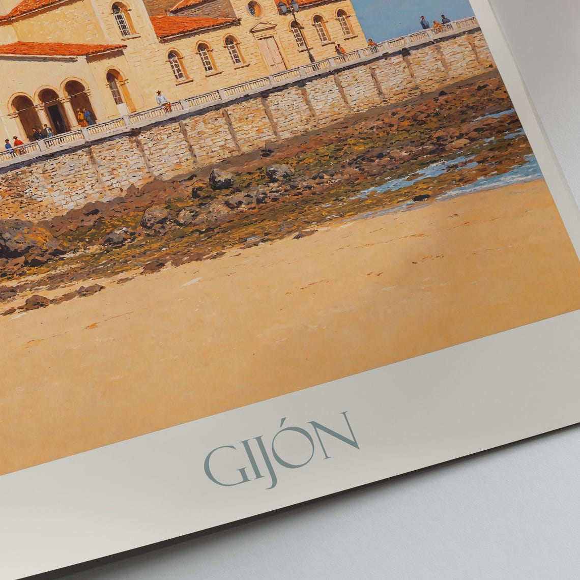 Gijon Spain Historic Stone Church by the Beach Travel Poster - Image 2