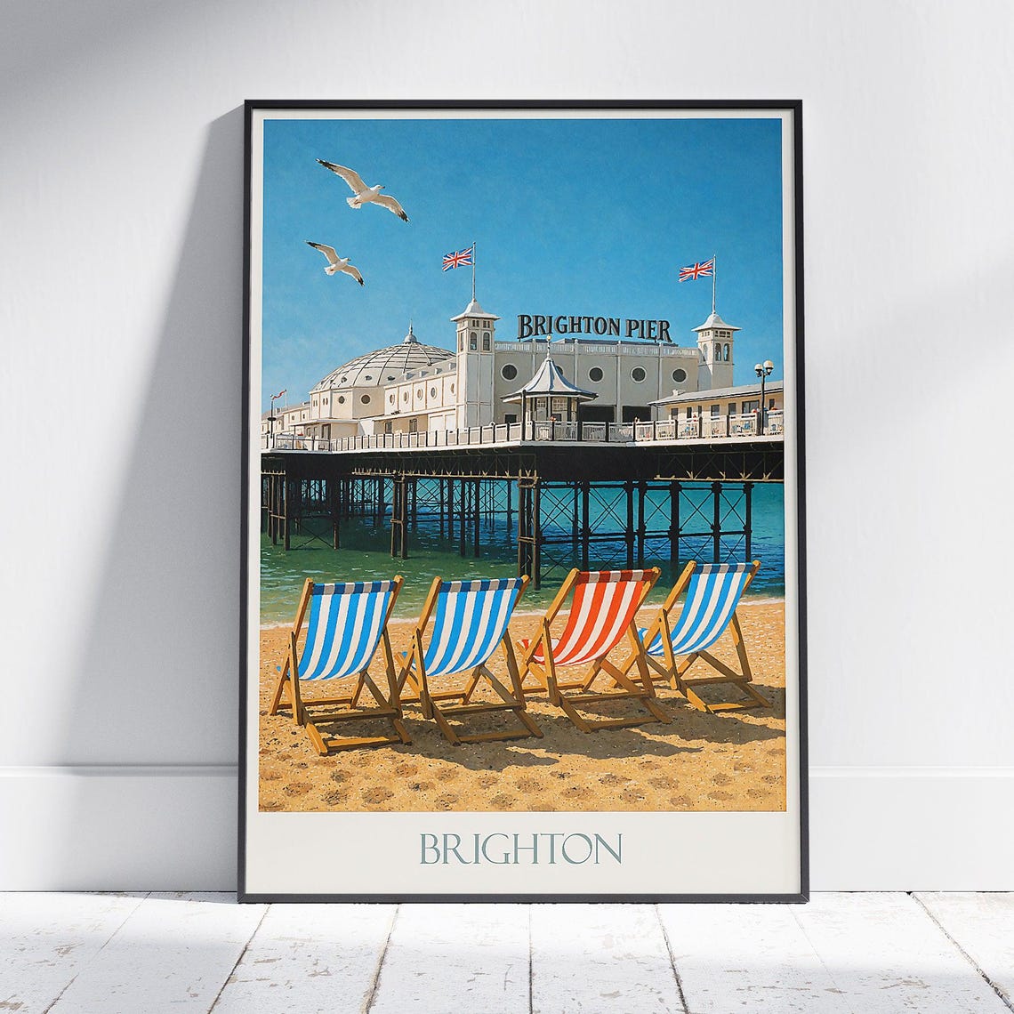 Brighton Pier Deck Chairs Sunny Striped Beach Day Travel Poster