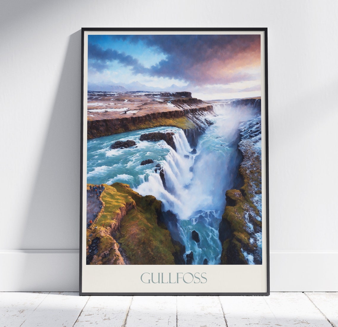 Gullfoss Iceland Waterfall Canyon Sunset Painted Travel Poster