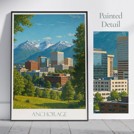 Anchorage Travel Poster Alaska Painted Wall Art Print Cityscape Home Decor Framed Personalized Vacation Gift