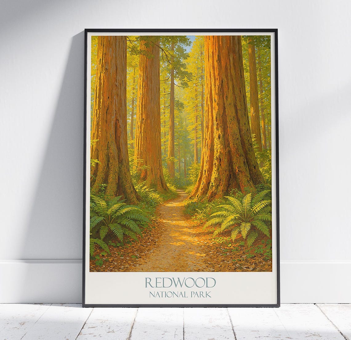 Redwood National Park Giant Trees Sunlit Forest Trail Travel Poster