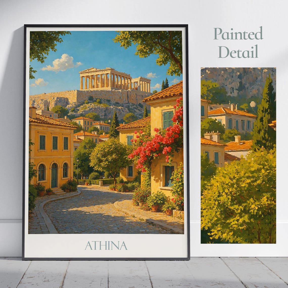 Athina Parthenon Acropolis Sunlit Cobblestone Street Art Poster