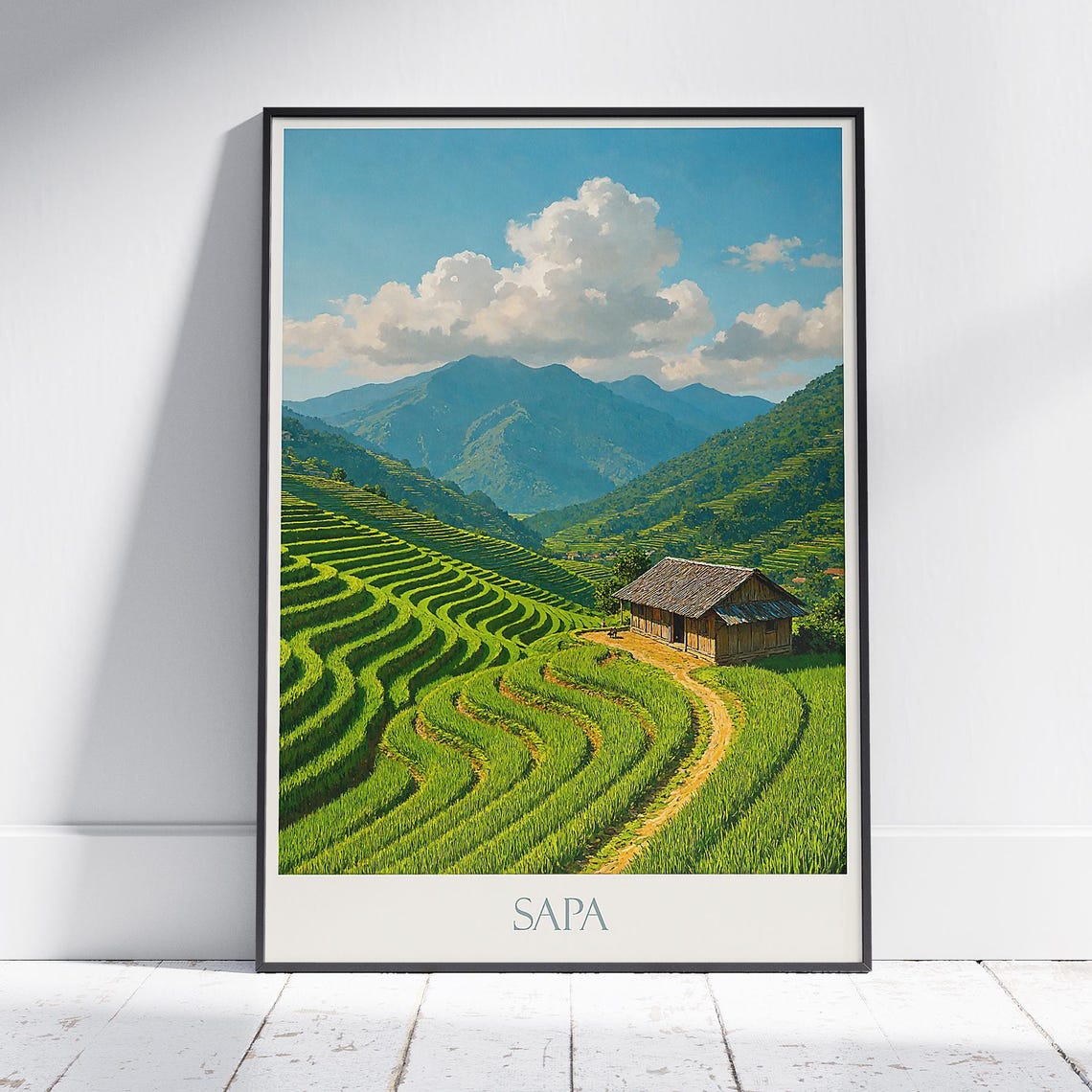 Sapa Vietnam Green Rice Terraces Mountain Hut Scene Travel Poster