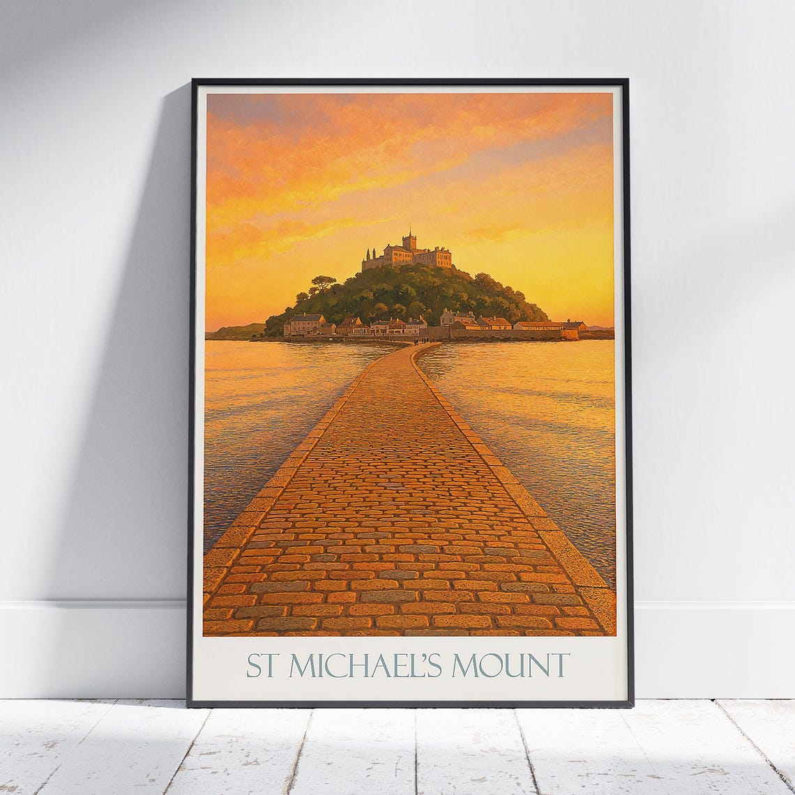 St Michael's Mount Golden Sunset Causeway Cornwall Travel Poster