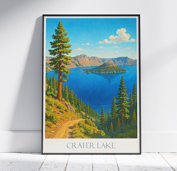 Crater Lake Oregon Wizard Island Vintage National Park Travel Poster